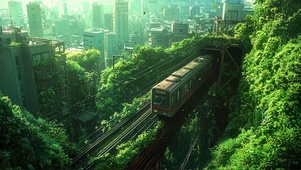 穿过绿色城市的列车