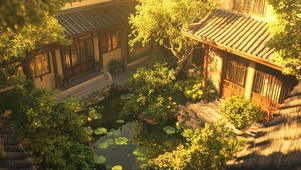 黄昏夕阳古风庭院池塘