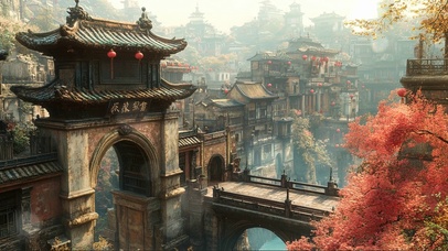 宏伟古城山林建筑风景
