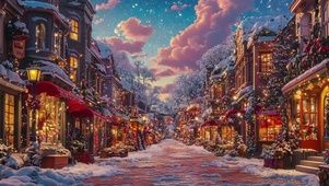 绚丽热闹晚霞圣诞小镇