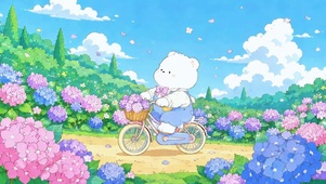 绣球花海里的骑行小熊