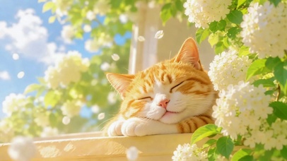 暖阳花畔酣睡的橘猫