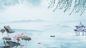 山水水墨国风主题湖边细柳风景