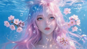 蓝色水下樱花女孩