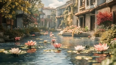 夏日唯美古城荷花溪流