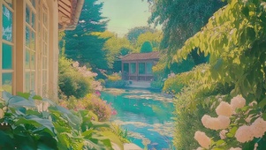 清透朦胧夏日池塘小屋