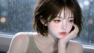 雨天窗边的短发清纯美女
