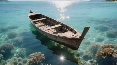 清新阳光海面木船