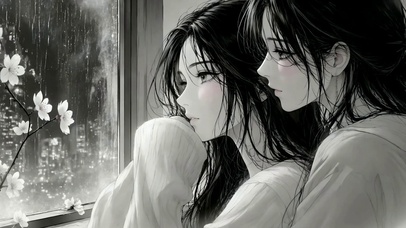 樱花雨夜窗边双人少女