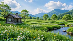 清新治愈山野溪流木屋风景
