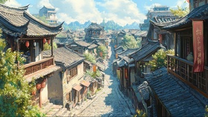 蓝天夏日阳光古城街景
