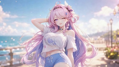 海边粉发眨眼美少女