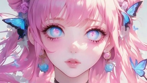 粉发蝴蝶动漫插画少女
