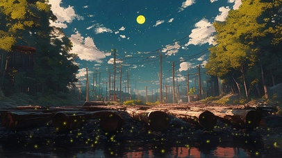 森林月下溪流木桥