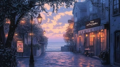 晚霞海岸小镇酒馆商店