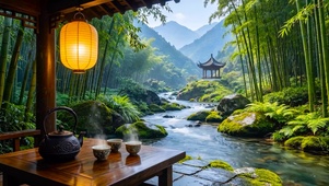 山间竹林溪流木屋