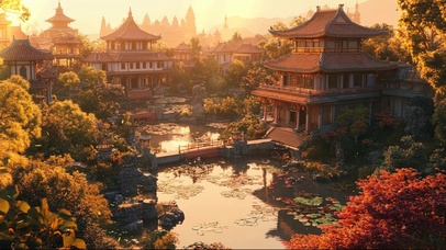 秋日黄昏小镇古塔湖畔