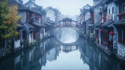 阴天国风徽派水乡古城