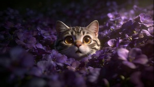 暗黑花海里害怕的小猫