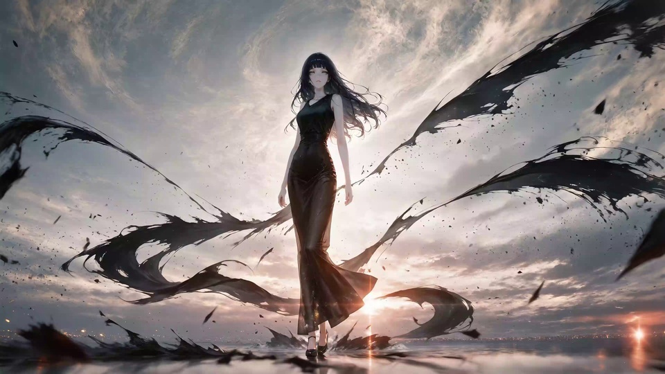 黑裙女子站在反光地面，身后是黄昏天空，黑色碎墨浪在身侧四散。