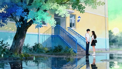 雨天校园角落青春男女的温柔瞬间