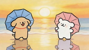 线条小狗海边相伴