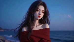 暮色海边少女