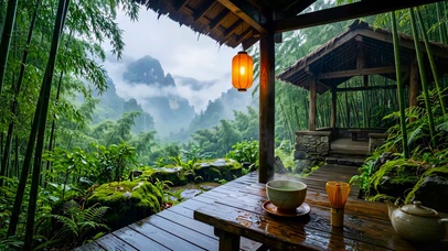 木屋雨天山水