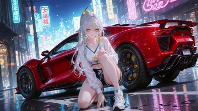 赛博街头超跑银发美少女兹白