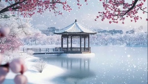 冬日静谧白雪湖中古亭