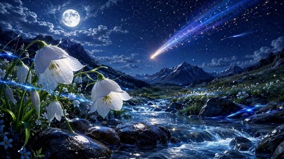月夜流星溪流治愈风景