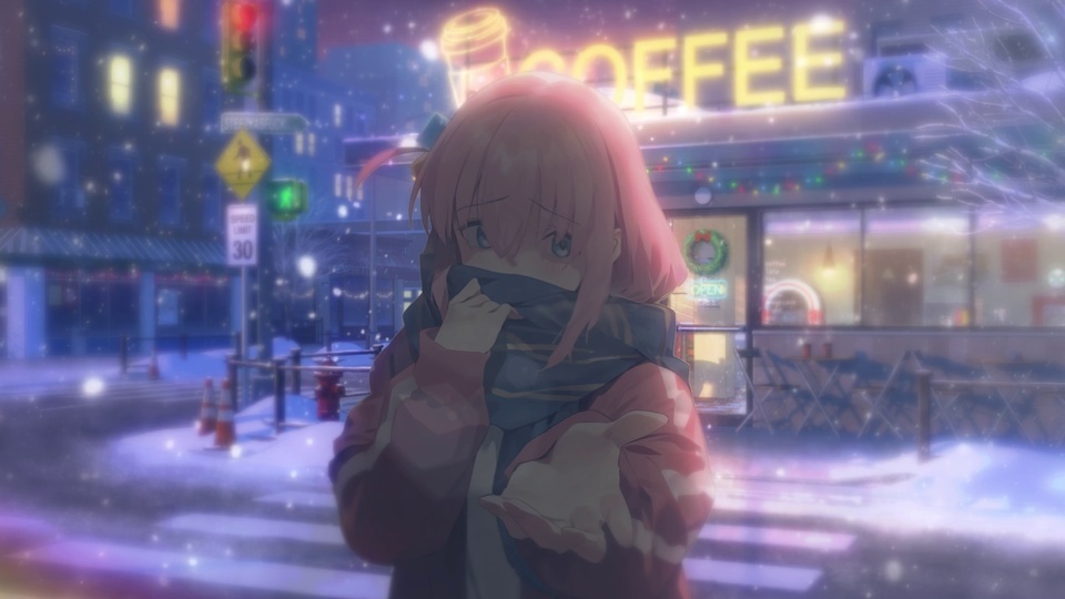 飘雪冬夜街头，裹着围巾伸手的粉发少女站在斑马线前，身后是亮灯的咖啡店