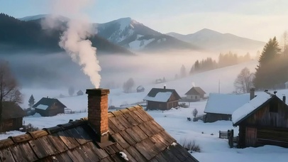 落日雪原山谷小屋