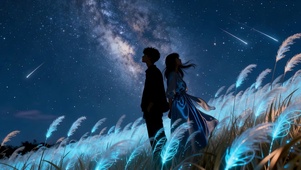 浪漫星空下情侣背靠背看流星划落