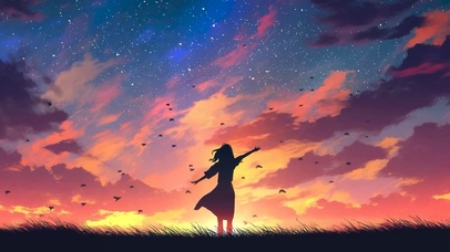 夕阳晚霞背影女孩