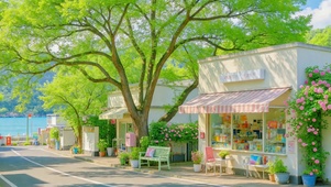 清新治愈湖边街角小店