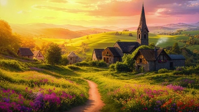 治愈傍晚郊外村庄