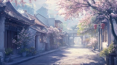 春日朦胧静谧小镇街景 