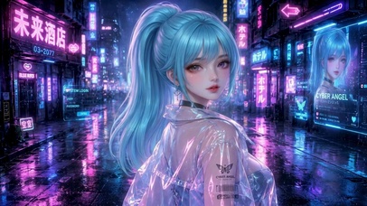 赛博朋克雨夜蓝发美少女