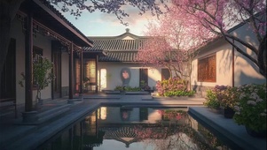 黄昏唯美庭院池塘光影