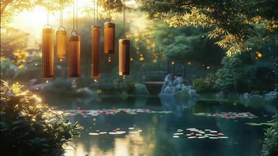 唯美落日静谧湖畔风铃