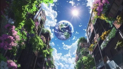 蓝天白云星球古城风景