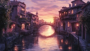 粉色晚霞水乡建筑河道