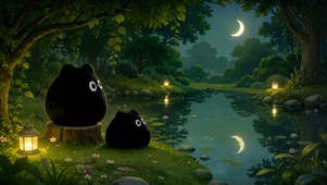 月夜河畔的可爱小黑团