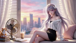 窗边落日紫发美少女