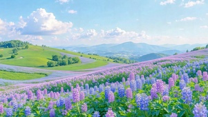 晴日蓝紫花田山野风景