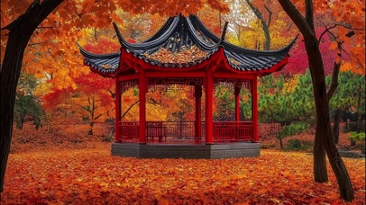 秋日树林落叶唯美古亭