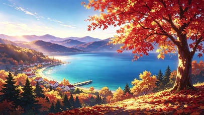 枫叶秋天风景 湖泊小镇 治愈系