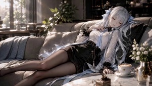 慵懒休憩的银发二次元美少女