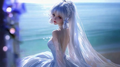 海边蓝发婚纱美少女
